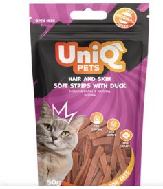 Uniq Pets Cat Snacks Hair And Skin Soft Strips With Duck 